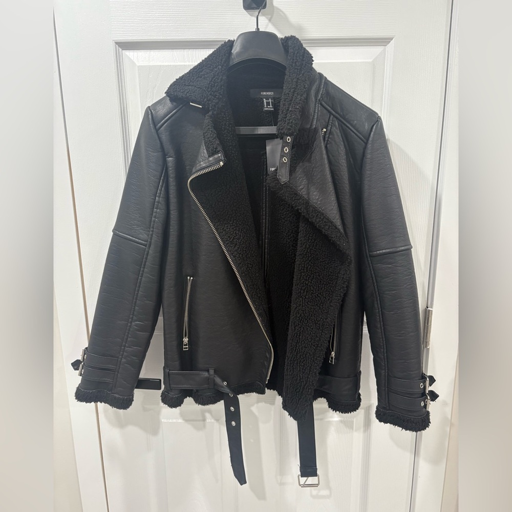 Black Faux Leather Jacket with Shearling Lining